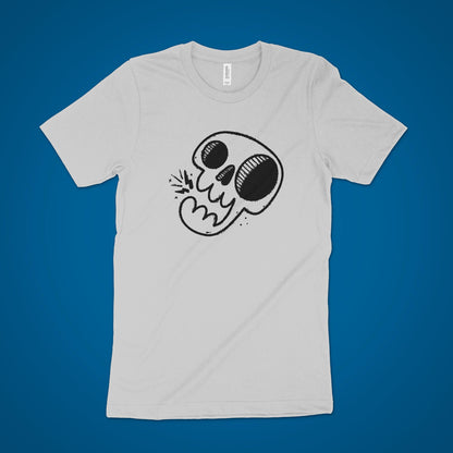 black lightning skull art on a gray shirt