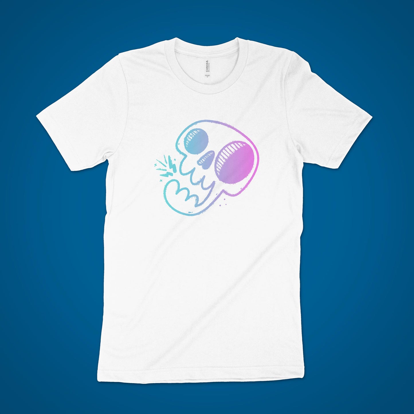 colorful lightning skull art on a white shirt